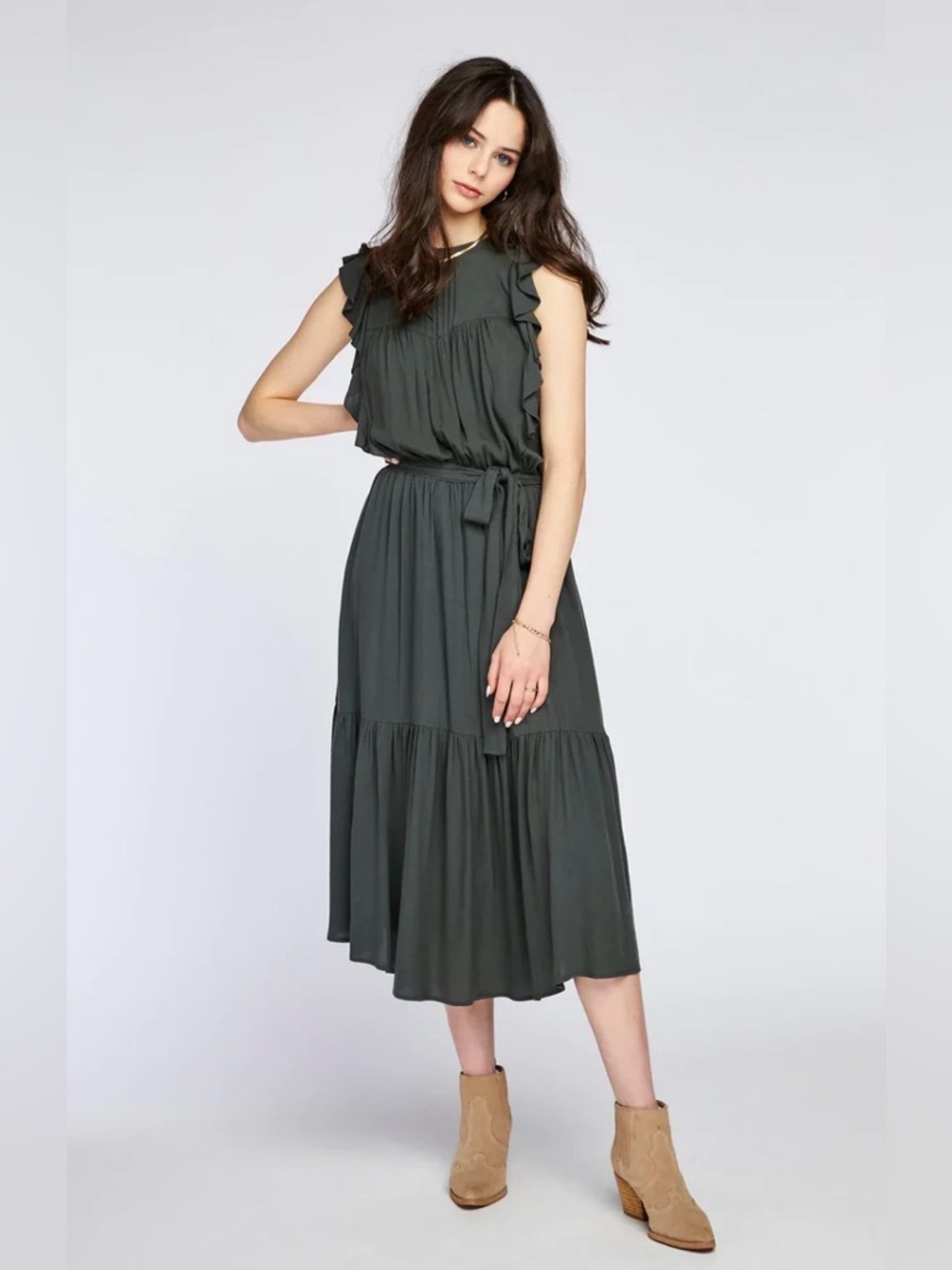 Gentle Fawn Mariella Sleeveless Maxi Dress in Deep Green with Waist Tie